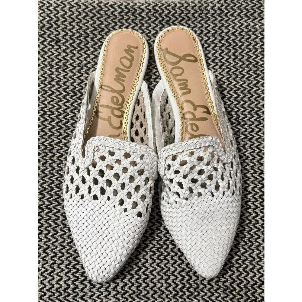 Sam Edelman White Woven Clara Block Heel Slip-on Pointed Toe Leather Mules